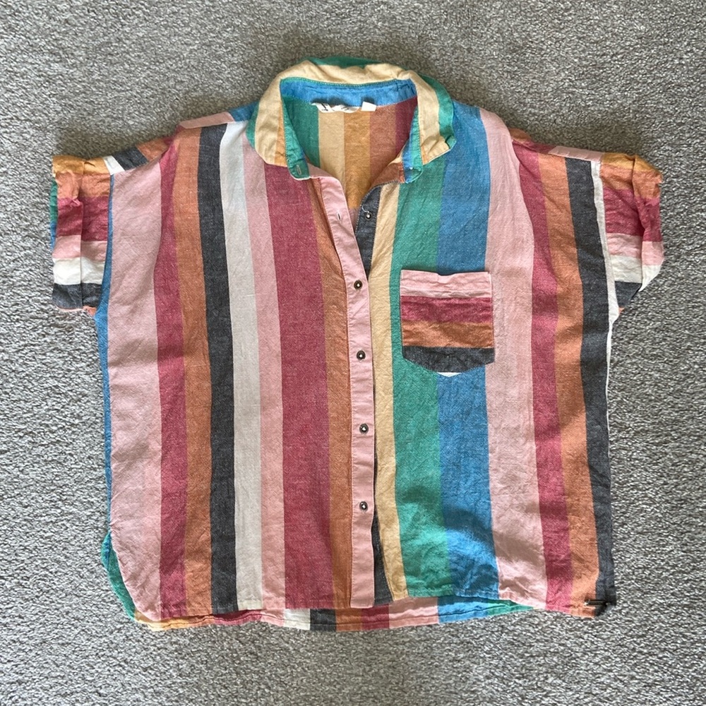 Billabong Womens Santorini Dreams Multi Rainbow Striped Button-Up Top Sz Small